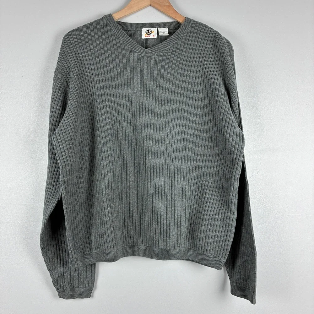 Guy Z Mens Ribbed Cotton Sweater L Gray Thick Cozy Classic‎ Everyday Essential